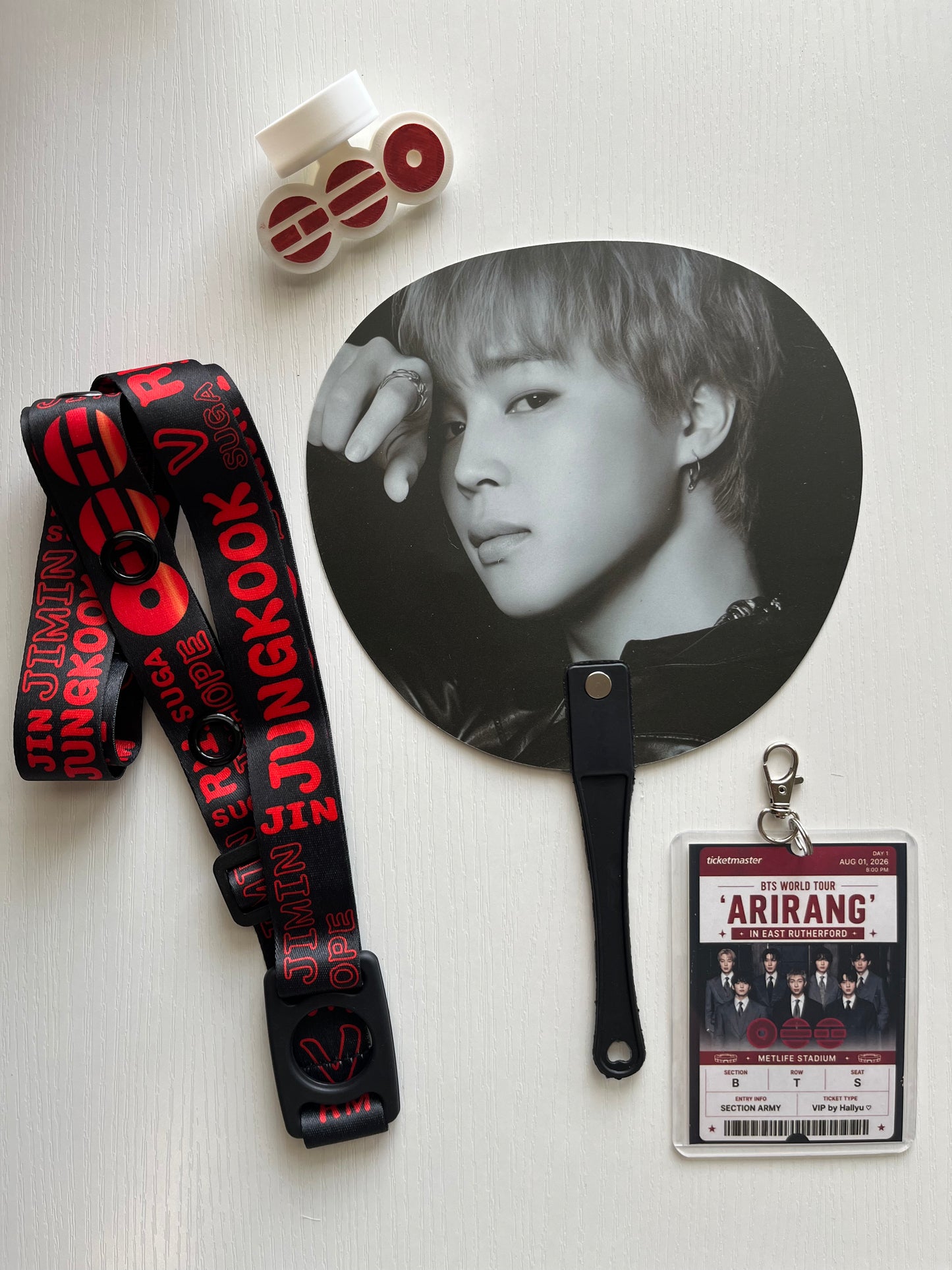 BTS Arirang Tour Concert – Personalized Concert Set with Lightstick Strap, Hand Fan, Hat Topper & Custom Keychain