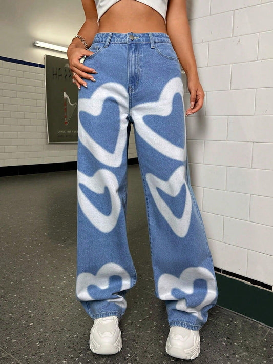 Heart Print Wide Leg Jeans