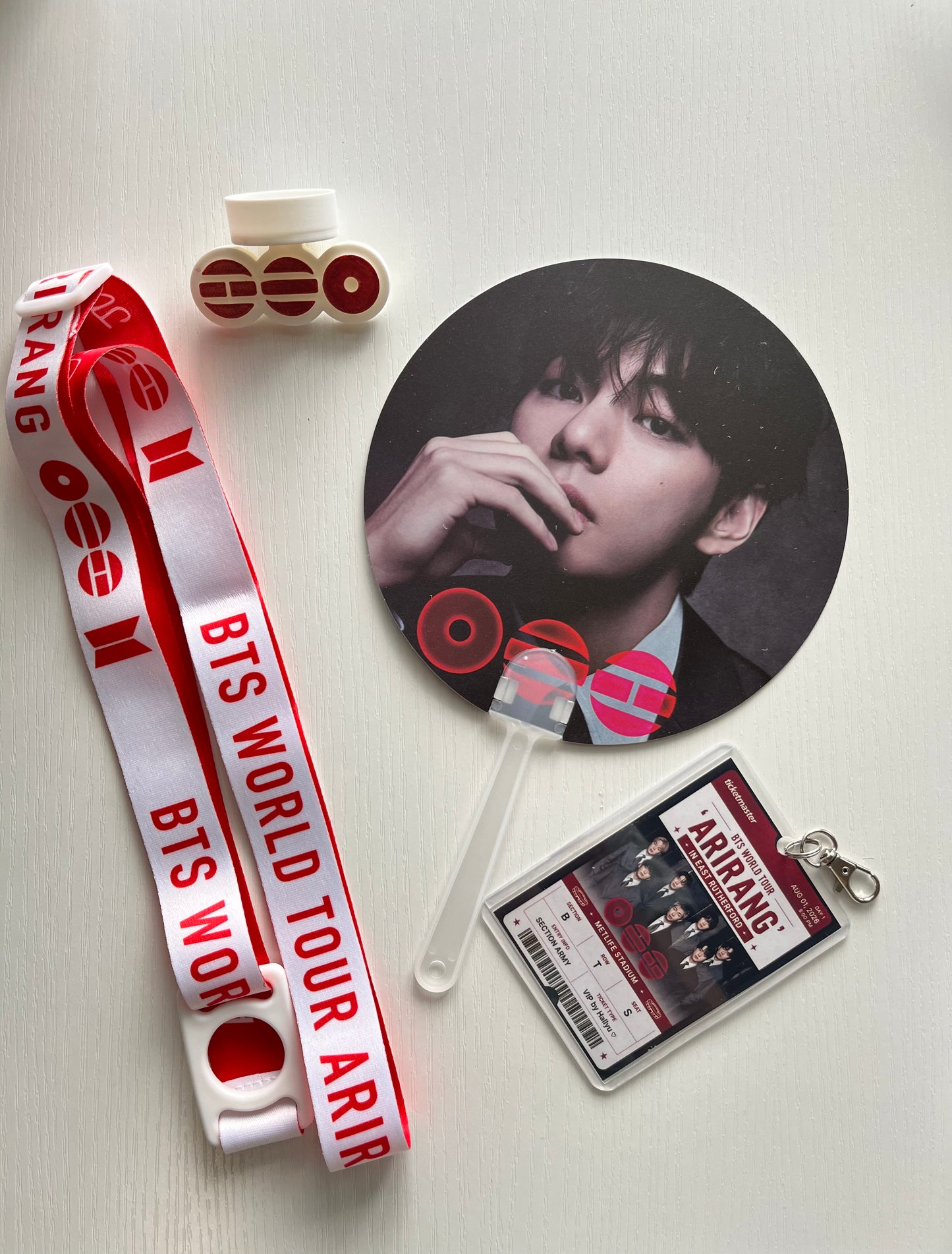 BTS Arirang Tour Concert  – Personalized Concert Set with Lightstick Strap, Hand Fan, Hat Topper & Custom Keychain