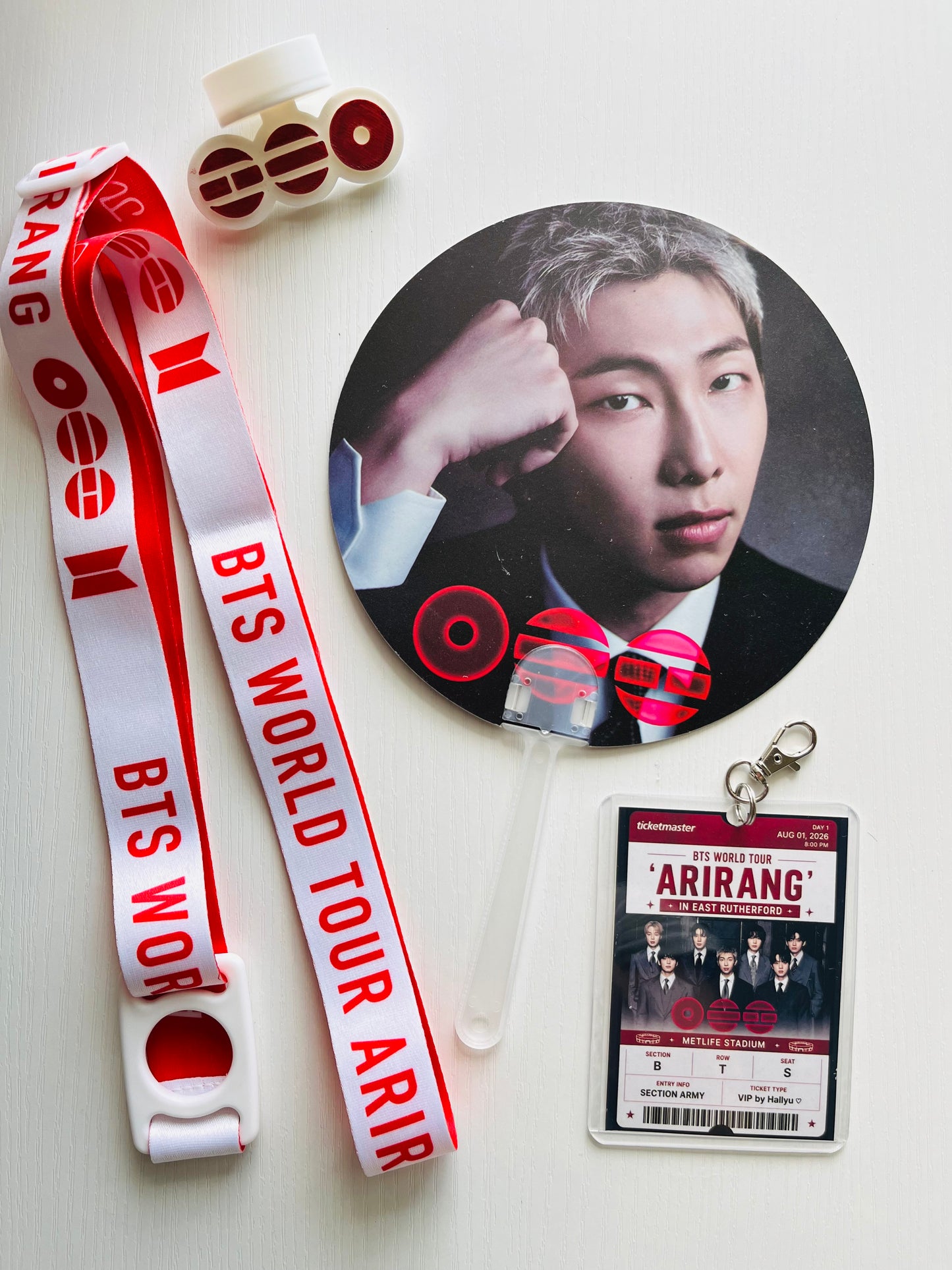 BTS Arirang Tour Concert  – Personalized Concert Set with Lightstick Strap, Hand Fan, Hat Topper & Custom Keychain