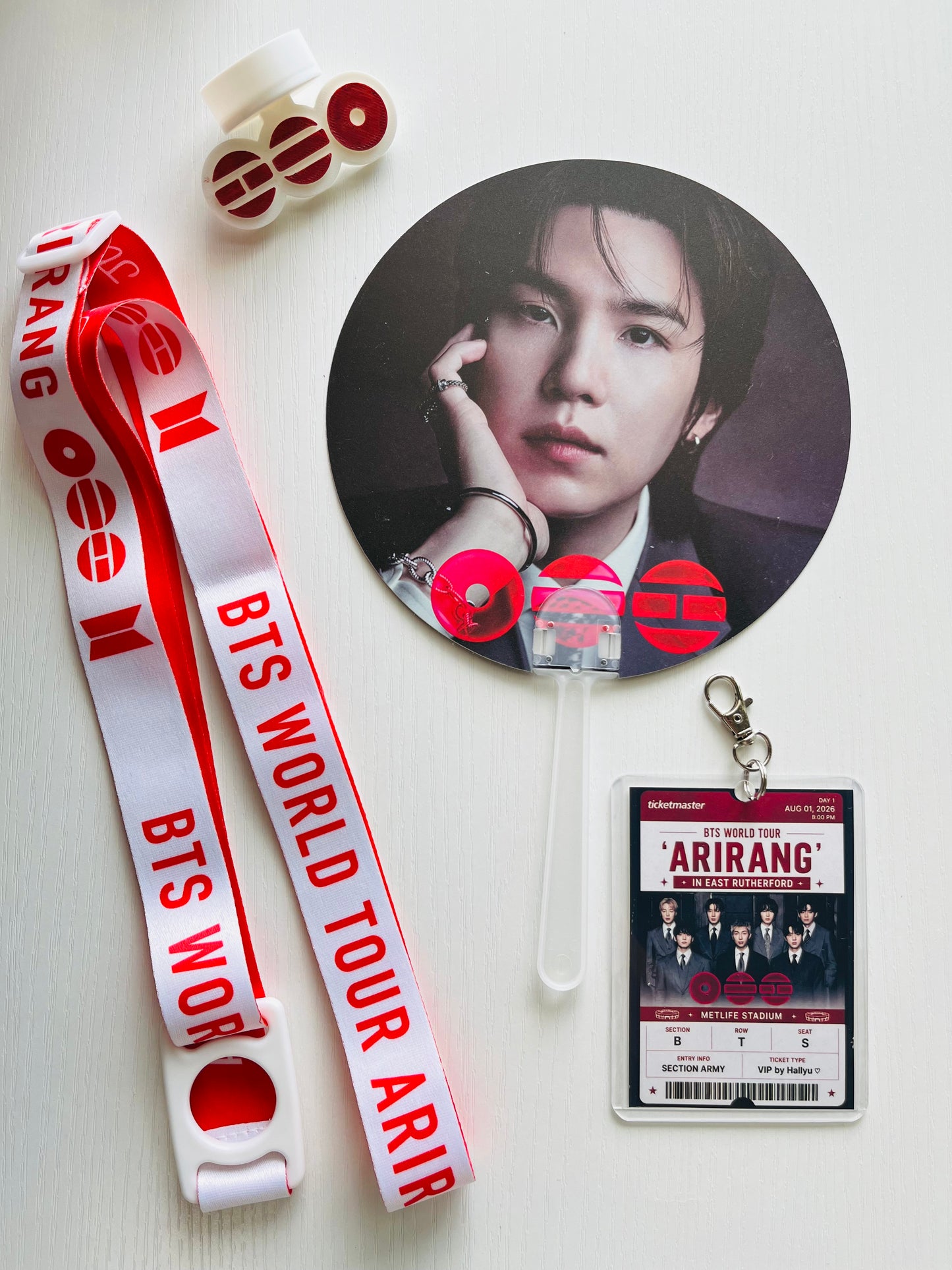 BTS Arirang Tour Concert  – Personalized Concert Set with Lightstick Strap, Hand Fan, Hat Topper & Custom Keychain