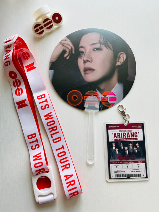 BTS Arirang Tour Concert  – Personalized Concert Set with Lightstick Strap, Hand Fan, Hat Topper & Custom Keychain