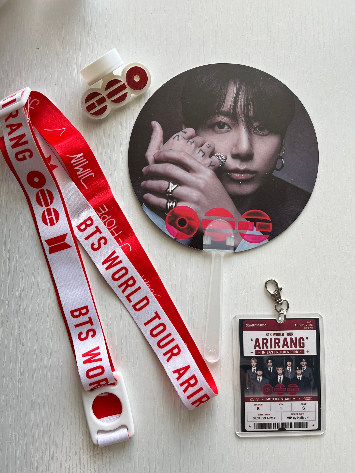 BTS Arirang Tour Concert  – Personalized Concert Set with Lightstick Strap, Hand Fan, Hat Topper & Custom Keychain