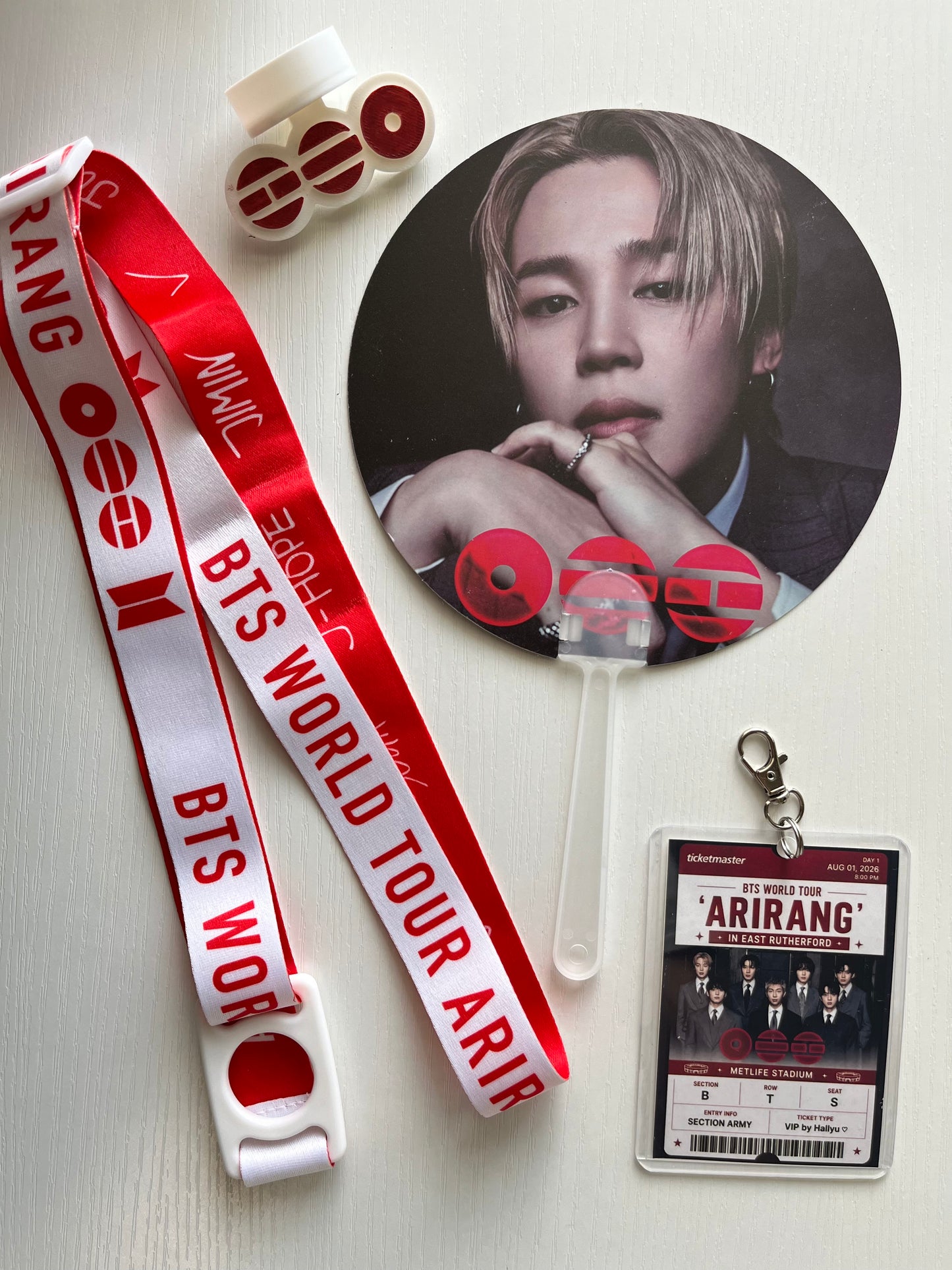 BTS Arirang Tour Concert  – Personalized Concert Set with Lightstick Strap, Hand Fan, Hat Topper & Custom Keychain