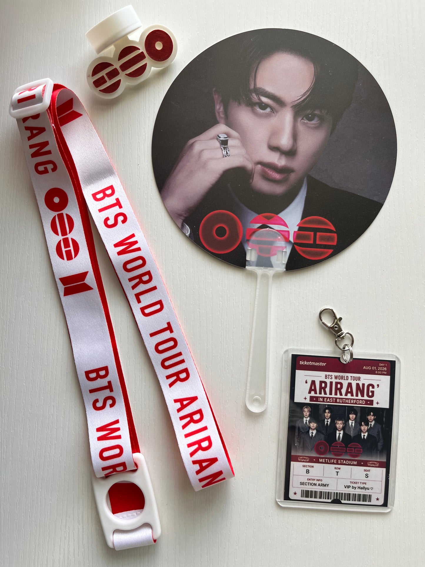 BTS Arirang Tour Concert  – Personalized Concert Set with Lightstick Strap, Hand Fan, Hat Topper & Custom Keychain