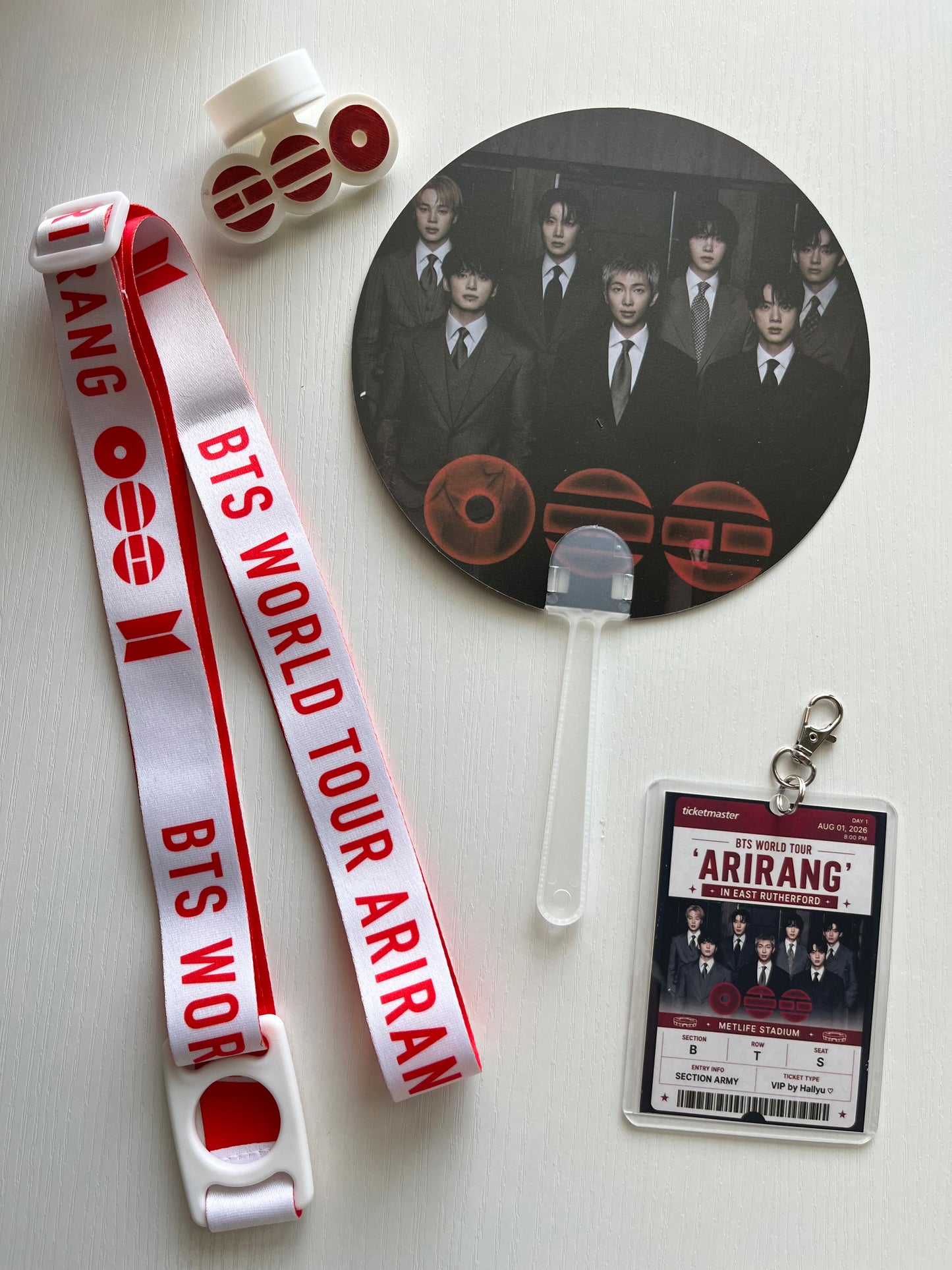 BTS Arirang Tour Concert  – Personalized Concert Set with Lightstick Strap, Hand Fan, Hat Topper & Custom Keychain