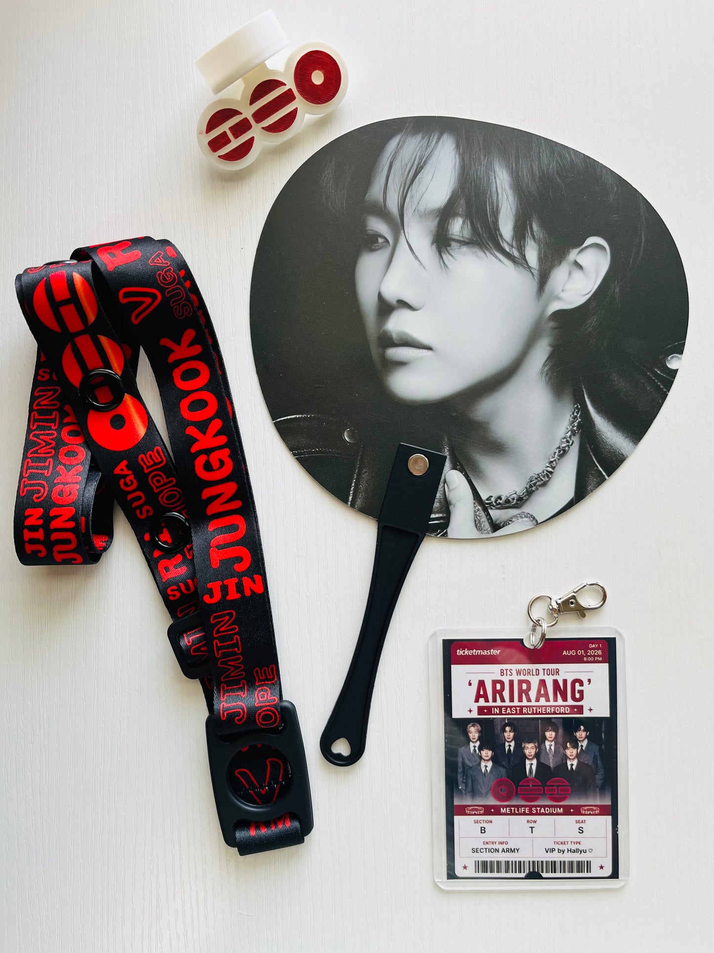 BTS Arirang Tour Concert  – Personalized Concert Set with Lightstick Strap, Hand Fan, Hat Topper & Custom Keychain