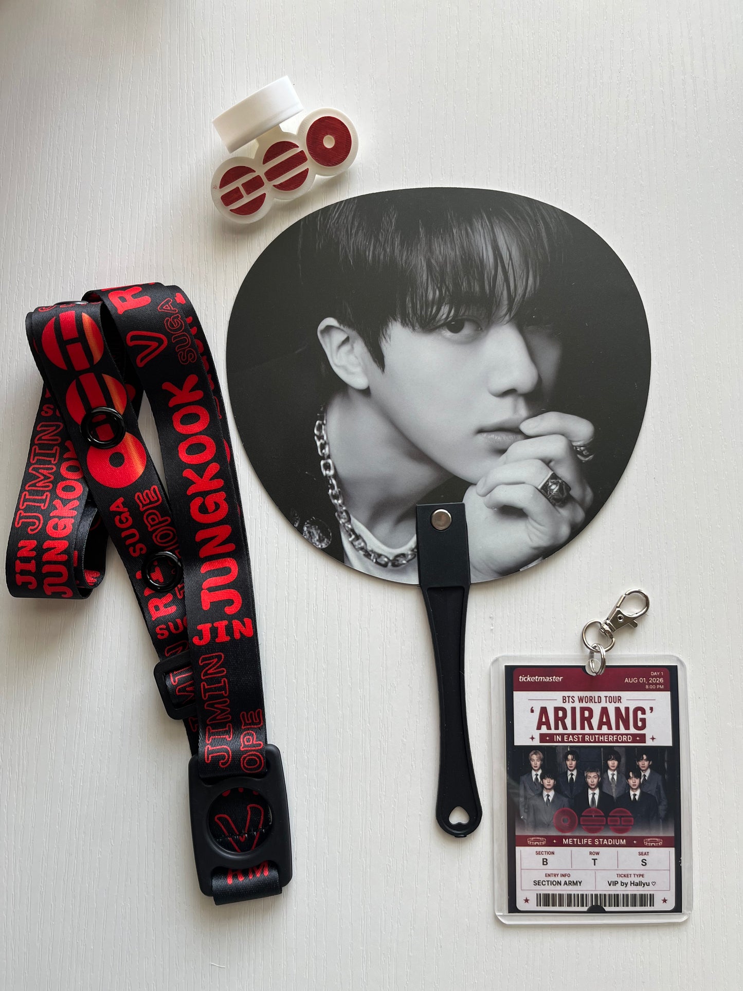 BTS Arirang Tour Concert  – Personalized Concert Set with Lightstick Strap, Hand Fan, Hat Topper & Custom Keychain