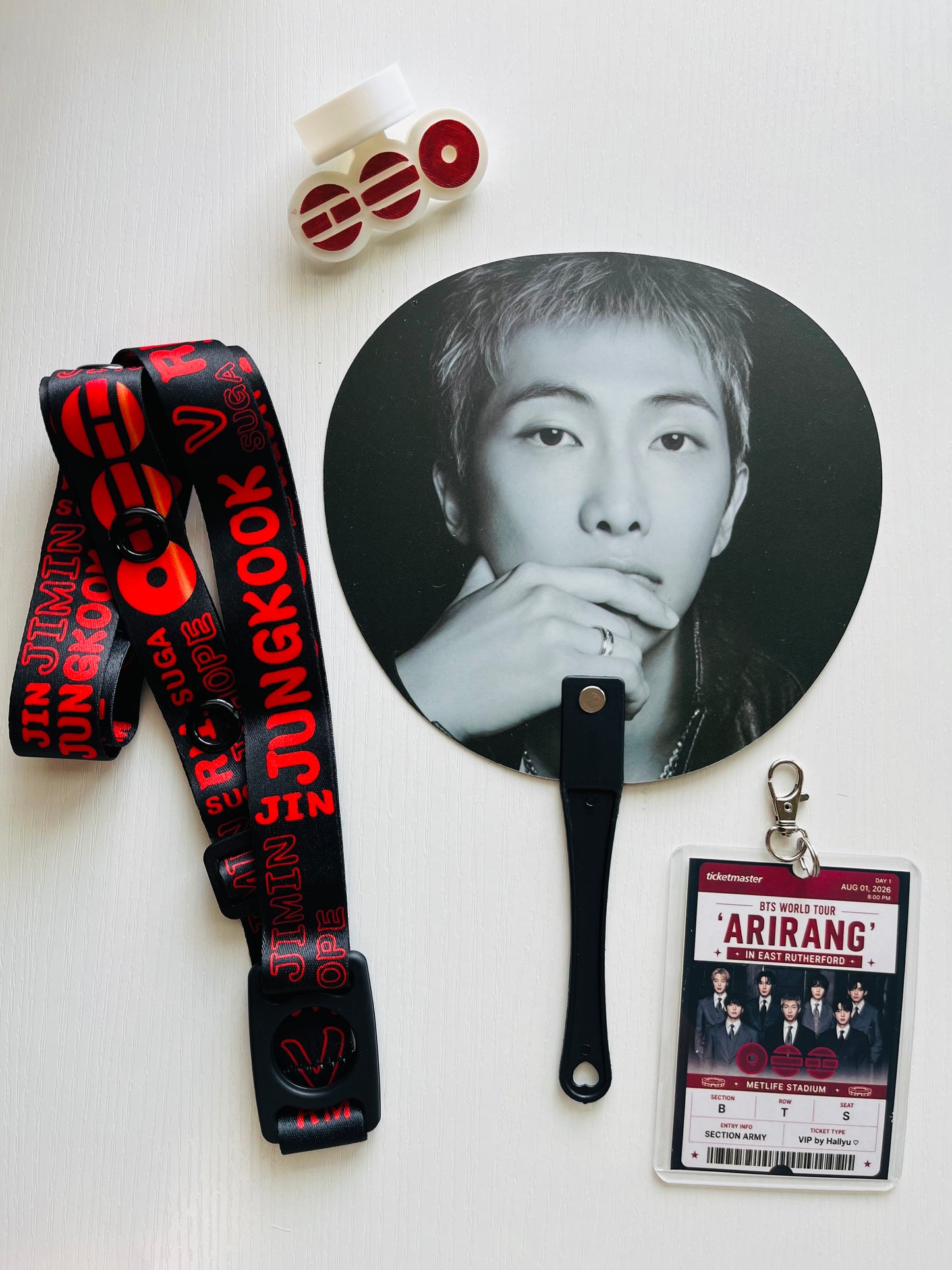 BTS Arirang Tour Concert  – Personalized Concert Set with Lightstick Strap, Hand Fan, Hat Topper & Custom Keychain