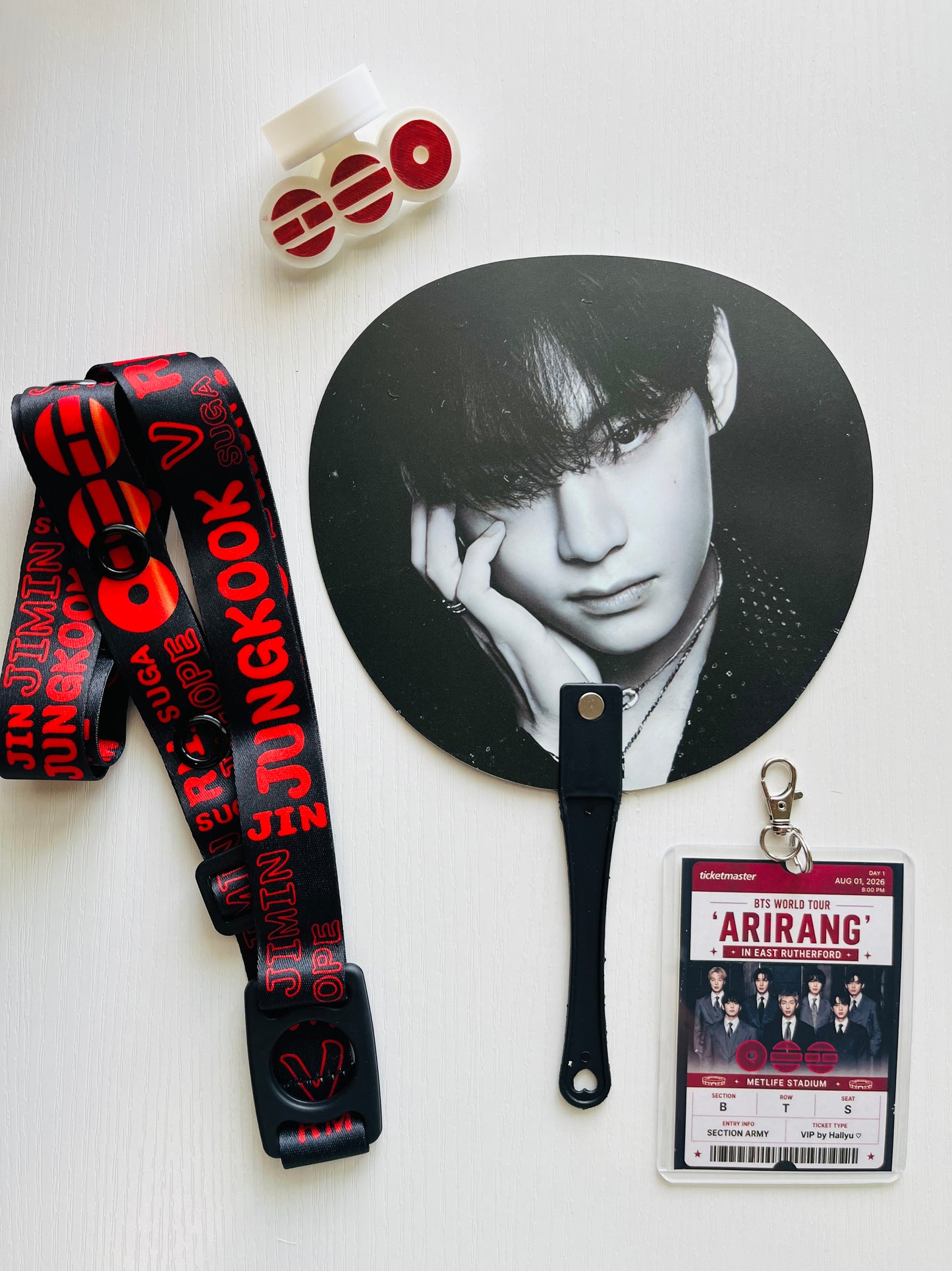 BTS Arirang Tour Concert  – Personalized Concert Set with Lightstick Strap, Hand Fan, Hat Topper & Custom Keychain
