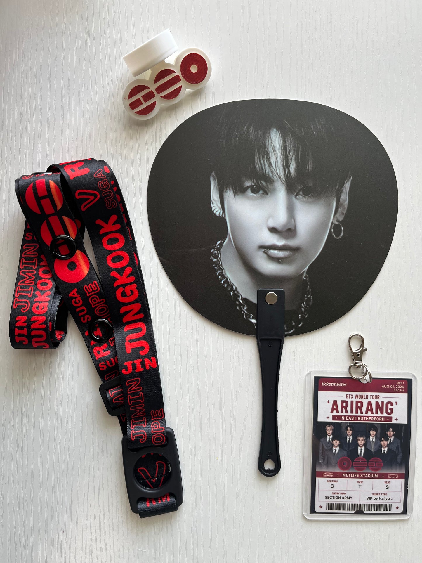 BTS Arirang Tour Concert  – Personalized Concert Set with Lightstick Strap, Hand Fan, Hat Topper & Custom Keychain
