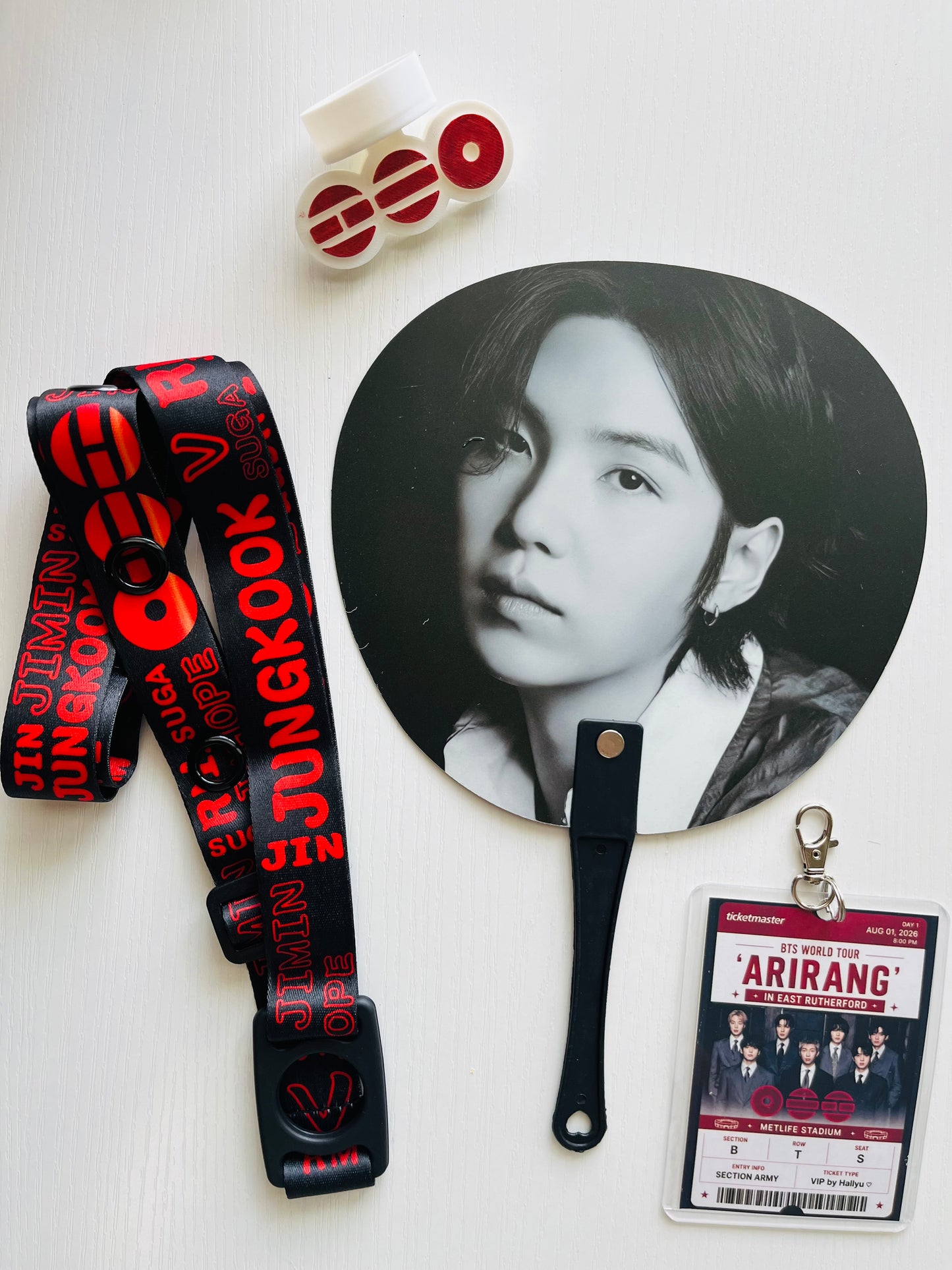 BTS Arirang Tour Concert  – Personalized Concert Set with Lightstick Strap, Hand Fan, Hat Topper & Custom Keychain