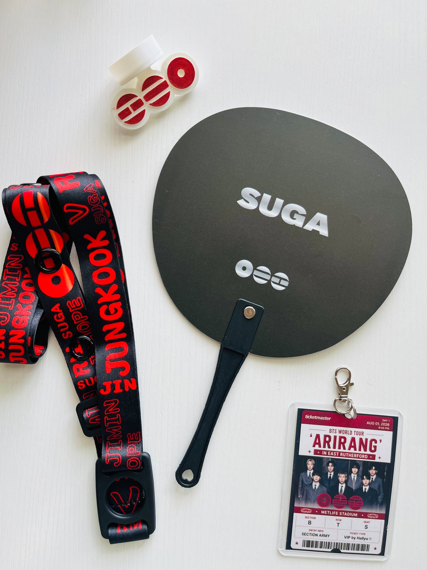 BTS Arirang Tour Concert  – Personalized Concert Set with Lightstick Strap, Hand Fan, Hat Topper & Custom Keychain