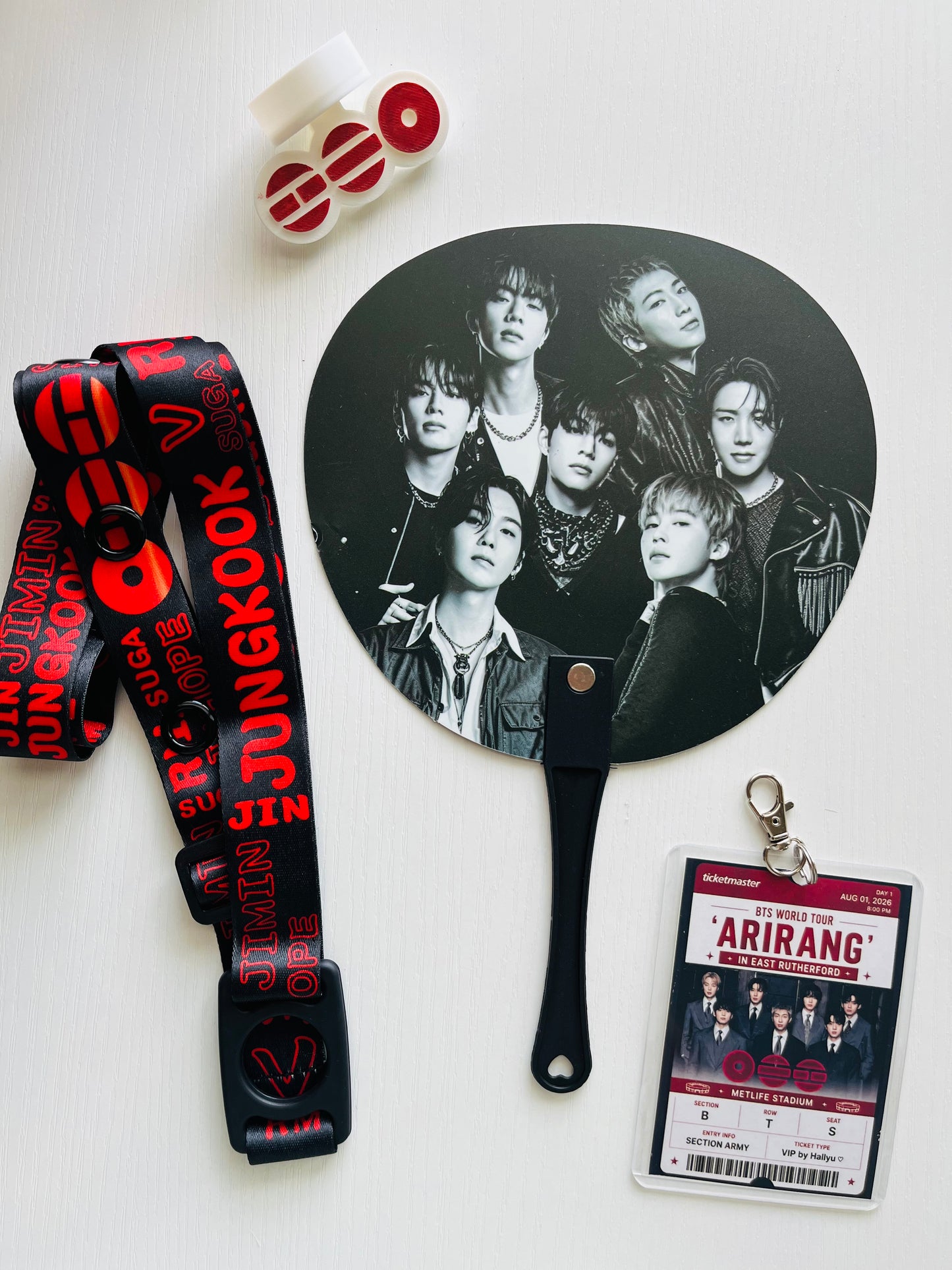 BTS Arirang Tour Concert  – Personalized Concert Set with Lightstick Strap, Hand Fan, Hat Topper & Custom Keychain