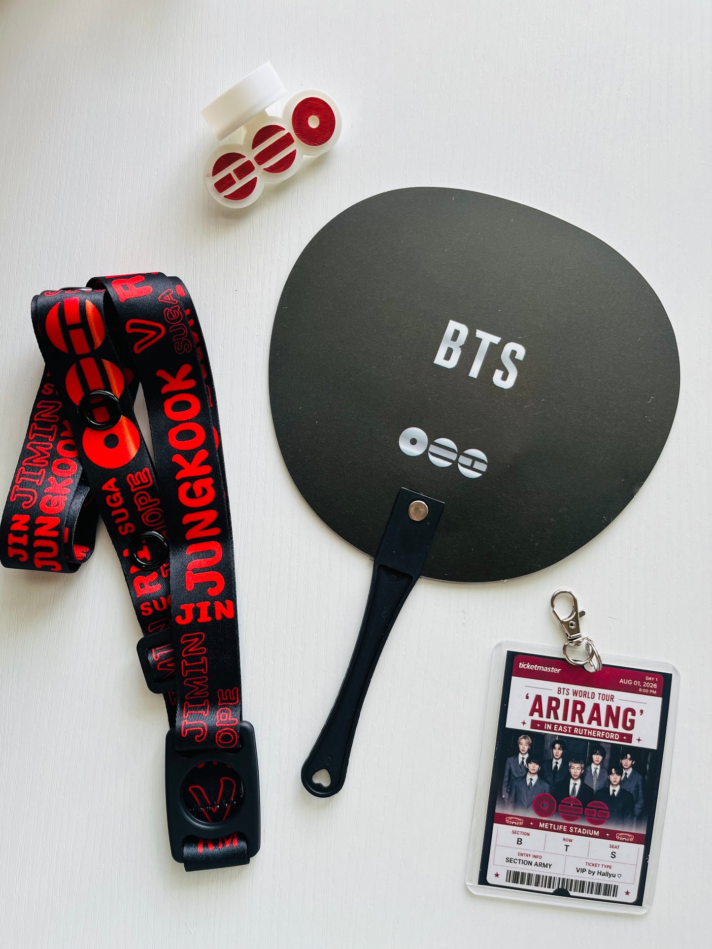 BTS Arirang Tour Concert  – Personalized Concert Set with Lightstick Strap, Hand Fan, Hat Topper & Custom Keychain