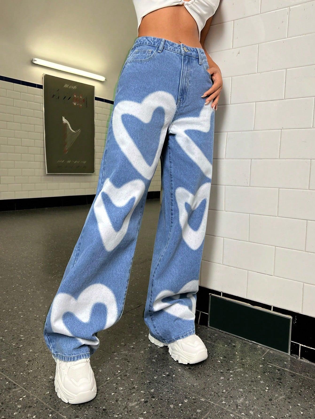 Heart Print Wide Leg Jeans